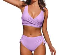 NOAFUNZO Set bikini da donna a vita alta, 2 pezzi, con push up, con nodo laterale increspato, costume da bagno da donna tinta unita (colore: viola, M)