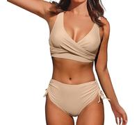 NOAFUNZO Set bikini da donna a vita alta, 2 pezzi, con push up e nodo laterale increspato, costume da bagno da donna tinta unita (beige, M)