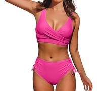 NOAFUNZO Set bikini da donna, costume da bagno a vita alta, 2 pezzi, con push up e slip con nodo laterale increspato, costume da bagno da donna tinta unita (rosa acceso, M)