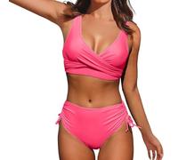 NOAFUNZO Set bikini da donna, costume da bagno a vita alta, 2 pezzi, push-up e slip con nodo laterale increspato, costume da bagno da donna tinta unita (rosa, M)