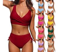 NOAFUNZO Set bikini da donna incrociato, a vita alta, 2 pezzi, con reggiseno push-up e slip con nodo laterale increspato, costume da bagno da donna tinta unita (#01 vino, M)