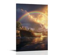 Noah solleva gli occhi mentre l'arcobaleno inarca sopra le acque ferme, l'arca che riposa in un silenzio di nuova creazione. Decorazione artistica da parete decorativa, 40 x 60 cm