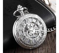 NOALED Orologio da taschino in bronzo, argento, meccanico, orologio da taschino, scheletro, orologio da taschino, con catena, clip, regali per uomo, orologio da taschino e catena incisa (Argento