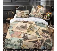 NOASDGYEI Cartoline d'epoca copripiumino Set di 3 Pezzi microfibra morbida stampa 3D cerniera nascosta incluso federe Nostalgia di viaggio Set Di Copripiumino for adulti e ragazze Single（135x200cm）