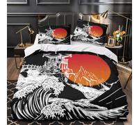 NOASDGYEI Tempio giapponese copripiumino 3 pezzi microfibra stampa 3D con cerniera cerniera nascosta con federa xilografia Set Di Copripiumino for ragazzi e adolescenti Single（140x200cm）