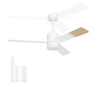 Noaton Ventilatore da Soffitto con Luce e Telecomando, LED Dimmerabile, 3 Temperature di Colore, 3 Pale Bianco/Legno Naturale, Timer, con Motore DC, 6 Velocità, Ø132 cm, Silenzioso, Asta di Prolunga