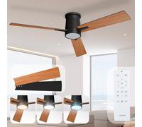 Noaton Ventilatore da Soffitto con Luce e Telecomando, LED Dimmerabile 22,9 W, 3 Temperature di Colore, 3 Pale Nero/Legno Scuro, Timer, con Motore DC 35 W, 6 Velocità, Ø132 cm, Silenzioso