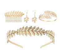 Noaxylic 4 Pezzi Dea Greca Costume Accessori Set, Romano Alloro Foglie Corona Tiara, Bracciale a Braccio, Orecchini Foglia Oro Perla, Capelli Pettine, Corona Della Dea Oro, per Feste di Matrimonio