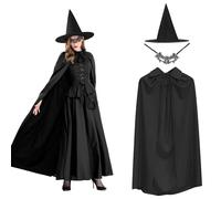 Noaya Set di 3 costumi da strega per Halloween, 140 cm, mantello nero, cappello da strega, maschera per occhi in pizzo, traspirante, costume di Halloween per adulti, set con mantello con cappuccio,