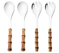 NobesOnbet 4 Set di cucchiai da Servizio con Manico Lungo, forchette, Manici in Bamboo e Legno, Utensili da Cucina in Acciaio Inossidabile, forchette e cucchiai per Pasta, Insalata e Dessert