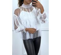 Nobile Donna Blusa IN Tulle con Perle Incl. Canottierina Bianco #BL565