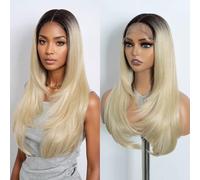 NOBLE Parrucca bionda a strati dritti da donna 61 cm parrucca sintetica con pizzo frontale Ombre bionda parrucca per tutti i giorni.