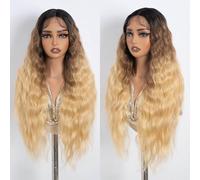 NOBLE Parrucca da donna in pizzo biondo ombré con attaccatura dei capelli ondulata naturale, parrucca sintetica con attaccatura frontale in pizzo da 76 cm, con riga centrale, ondulata, riccia