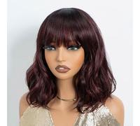 NOBLE Parrucca rossa con frangia per donna corta colorata ondulata Bob parrucca con frangia spalla Ombre vino rosso ricci parrucche con bangs resistente al calore sintetico colore bordeaux