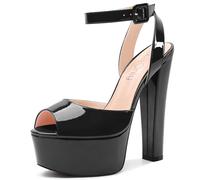 NobleOnly Donna Alto High Chunky Blocco Piattaforma Tacco Heel Aperte sulla Punta Cinturino alla Caviglia Sandali Ballo Feste Dress Scarpe 15 CM Heels Nero Verniciata 40 EU
