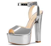 NobleOnly Donna Alto High Chunky Blocco Piattaforma Tacco Heel Aperte sulla Punta Cinturino alla Caviglia Sandali Ballo Feste Dress Scarpe 15 CM Heels Argento Verniciata 36 EU
