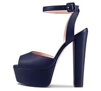 NobleOnly Donna Chunky Blocco Alto High Piattaforma Tacco Heel Aperte sulla Punta Cinturino alla Caviglia Slingback da Matrimonio Sandali Blu Navy 38 EU