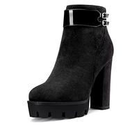 NobleOnly Donna Chunky Blocco Alto High Piattaforma Tacco Heel Rotonda Punta Stivaletti Cerniera 12 CM Heels Stivali Nero 38 EU