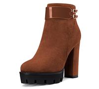 NobleOnly Donna Chunky Blocco Alto High Piattaforma Tacco Heel Rotonda Punta Stivaletti Cerniera 12 CM Heels Stivali Marrone 39 EU