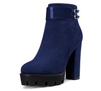 NobleOnly Donna Chunky Blocco Alto High Piattaforma Tacco Heel Rotonda Punta Stivaletti Cerniera 12 CM Heels Stivali Blu Navy 39 EU