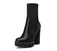 NobleOnly Donna Chunky Blocco Alto High Tacco Heel Piattaforma Rotonda Punta Stivaletti Cerniera da Matrimonio Feste Sexy Stivali Nero Raso 38 EU