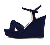 NobleOnly Donna Chunky Blocco Alto Zeppa Piattaforma Tacco Aperte sulla Punta Sandali Cinturino alla Caviglia Nodo Fiocco da Matrimonio Ufficio 10 CM Heels Blu Navy 36 EU