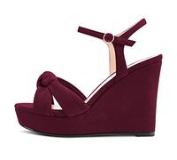 NobleOnly Donna Chunky Blocco Alto Zeppa Piattaforma Tacco Aperte sulla Punta Sandali Cinturino alla Caviglia Nodo Fiocco da Matrimonio Ufficio 10 CM Heels Borgogna Rosso 36 EU