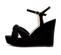 NobleOnly Donna Chunky Blocco Alto Zeppa Piattaforma Tacco Aperte sulla Punta Sandali Cinturino alla Caviglia Nodo Fiocco da Matrimonio Ufficio 10 CM Heels Nero Scamosciato 41 EU