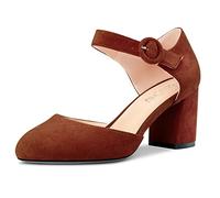 NobleOnly Donna Chunky Blocco Medio Tacco Heel Two-Piece Fibbia Rotonda Punta Pumps Clear Cute da Matrimonio Ufficio Scarpe 6.5 CM Heels Marrone Scamosciato A 40 EU