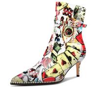 NobleOnly Donna Medio Gattini Tacco Heel Chiusa a Punta Stivaletti Fibbia Cerniera Casual Ufficio Stivali 6.5 CM Heels Motivo del poker 43 EU