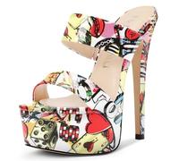 NobleOnly Donna Piattaforma Alto High Tacco Heel Rotonda Aperte sulla Punta Slip-on Ciabatte Moda Scarpe da Matrimonio Feste Dress Scarpe 15 CM Heels Motivo del poker 37 EU