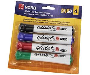 Nobo Glide Pennarelli per Lavagna Bianca Cancellabili a Secco, Punta Tonda Larga 2 mm, Confezione da 4, Colori Assortiti, 1902096