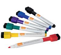 Nobo, Set 6 Pennarelli cancellabili a secco con inchiostro sicuro per lavagna, Marcatore punta a sfera a facile scorrimento da 2 mm con copri angolio magnete e cancellino, Colori Assortiti, 1903792