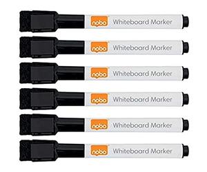 Nobo Set da 6 Mini Pennarelli per Lavagna a Punta Fine da 2 mm, Cappuccio con Gomma Magnetica Integrata, Cancellabili a Secco, Basso Odore, Nero