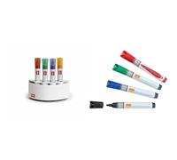 Nobo Set Portapennarelli magnetico quattro fori, 8018500 + Set 4 Pennarelli cancellabili a secco inchiostro liquido per lavagna bianca, Marcatore con punta tonda da 3 mm, Colori Assortiti,1905324