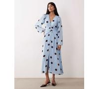 Nobody's Child - Luna - Vestito al polpaccio arricciato in vita blu a pois oversize con scollo a V e bottoni sul davanti 38