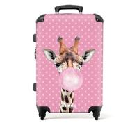NoBoringSuitcases.com® Cartucce, Valigia rigida con rotelle, trolley, bagaglio a mano, 4 ruote, lucchetto TSA (Giraffa con una gomma da masticare davanti a punti rosa), (Valigia media 67x43x25 cm)