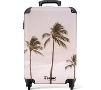 NoBoringSuitcases.com® Valigia Bagaglio A Mano 55x35x20 cm Trolley Cabina Viaggio Aereo Cabin Size Rigida Leggera 4 Ruote Valigie Luggage Palme - Tramonto - Rosa