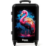 NoBoringSuitcases.com © Valigia rigida con ruote, trolley, bagaglio a mano, 4 ruote, lucchetto TSA (fenicottero colorato davanti a un'esplosione di colore), (Valigia media 67x43x25 cm)