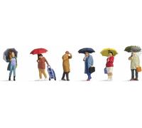 Noch 15523 personaggi: set di 6 persone con ombrello aperto sotto la pioggia in
