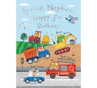 Noel Tatt Biglietto di auguri per 3° compleanno per nipote, simpatico animale e veicolo con camion, scavatori e veicoli di emergenza, biglietto di auguri per 3° compleanno per ragazzi