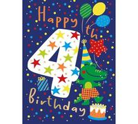 Noel Tatt Biglietto di auguri per 4° compleanno per ragazzi, design colorato con coccodrillo, finitura in rilievo in alluminio, biglietto di auguri per il quarto compleanno