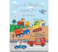 Noel Tatt Biglietto di auguri per il 2° compleanno per nipote, simpatico animale e veicolo con camion, scavatori e veicoli di emergenza, biglietto di auguri per bambini