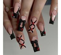 Noerrors Unghie finte di media lunghezza, 34 pezzi Goth Black French Tip Press on Unghie con Bow Charm Pearl Squoval Design, 3D Cute Red Gems Finails, Glossy Dark Style Fake Nails