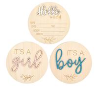 Nogeqi 3 biglietti miliari per bambini, in legno, per neonati, in legno, con scritta in lingua tedesca "Its a Boy/Girl, Hello World in legno per neonati, rotondi, in legno, per genitori incinte