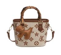 Nogkdyc Borsa a secchiello vintage da donna, con monogramma retrò, con manico in finto bambù, elegante borsa a tracolla in pelle PU, elegante borsa estiva con ciondolo a forma di cane, cachi