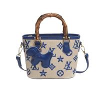 Nogkdyc Borsa a secchiello vintage da donna, con monogramma retrò, con manico in finto bambù, elegante borsa a tracolla in pelle PU, elegante borsa estiva con ciondolo a forma di cane, Blu
