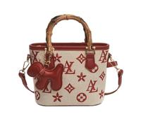 Nogkdyc Borsa a secchiello vintage da donna, con monogramma retrò, con manico in finto bambù, elegante borsa a tracolla in pelle PU, elegante borsa estiva con ciondolo a forma di cane, Rosso
