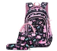 Nogkdyc Borsa per la scuola per le ragazze Studenti della scuola primaria per le ragazze Zaino con stampa rosa Set da 3 pezzi per le classi 2-6 Impermeabile di grande capacità(nero,Un)