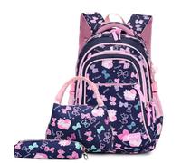 Nogkdyc Borsa per la scuola per le ragazze Studenti della scuola primaria per le ragazze Zaino con stampa rosa Set da 3 pezzi per le classi 2-6 Impermeabile di grande capacità(blu scuro,Un)